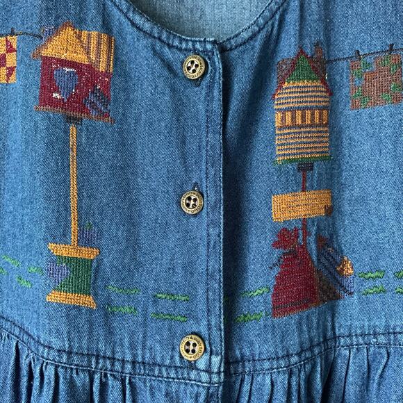 That's The Way To Go Always Innovative Denim Jean Dress Embroidered Birdhouse L - Picture 9 of 16